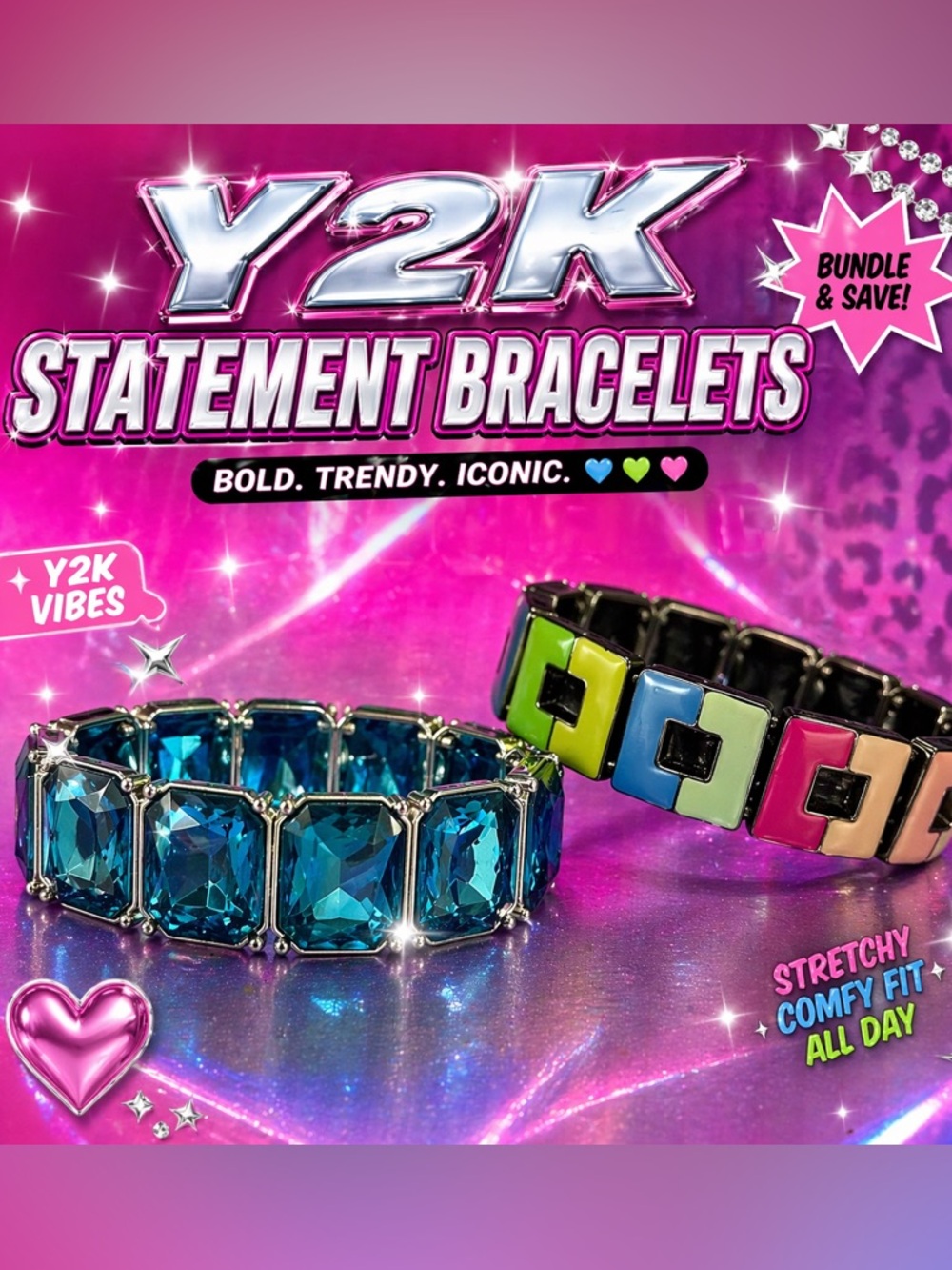 Y2K Rhinestone and Colorful Enamel Link Stretch Bracelet Set- Lot of 2 - Picture 2 of 4